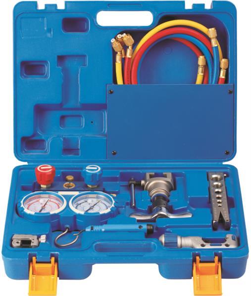 Werkzeugkoffer (Bördelgerät, 2 scharfe Rohrschneider, Manometer-Satz mit 3 Füllschläuchen, Kratzer, Koffer) VTB-5B-I (R410A)