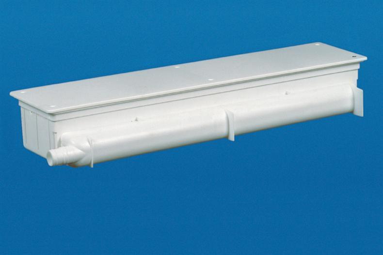 Umkehrbare Kondensatwanne (Unterputzkasten für Rohbau) mit horizontalem Abfluss - 427 x 113 x 65 mm