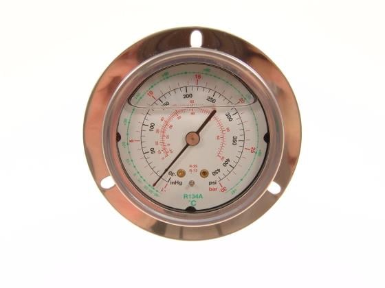 Manometer ölgefüllt Hochdruck, Anschluss hinten 1/4" SAE, R134a, R12, R22