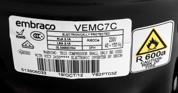 Drehzahlgeregelter Kompressor Aspera Embraco VEMC7C mit E-Satz, LBP - R600a, 230V, 40/150Hz, 3PH