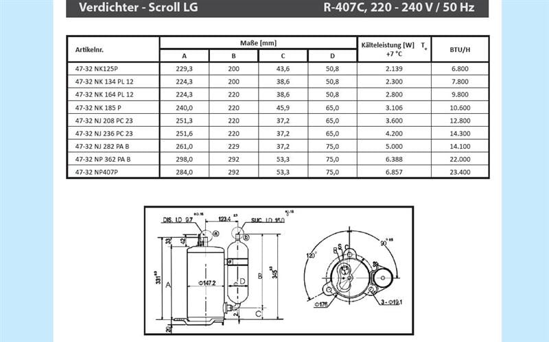 Rotationskompressor LG NK185P, R407C, 220-240V/50 Hz, 10 600 Btu/h - nicht lieferbar, ersetzt durch Nachfolger