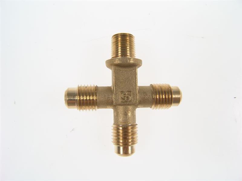 Messing Kreuzstück- 1/4" SAE x 1/4" SAE + 1/4" SAE + 1/8" NPT