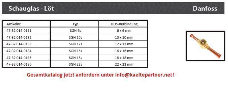 Schauglas Danfoss SGN 12s, 12 mm ODF, Lötanschlüsse