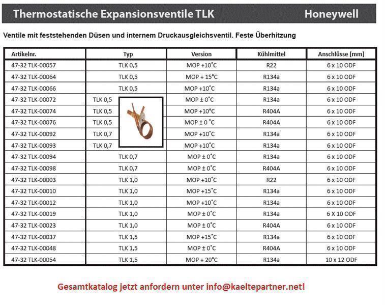 Thermostatisches Expansionsventil Honeywell, TLK- 0,5; R134a, MOP +10°C