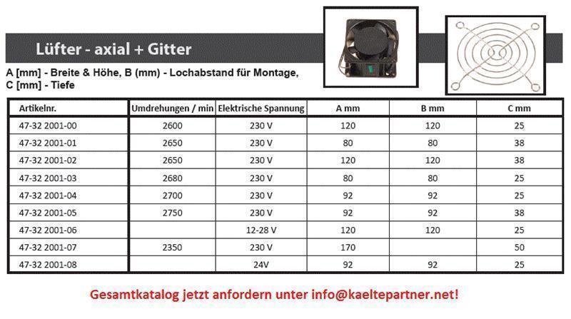 Axialventilator -230V, 80 x 80 x 38 mm, 50Hz, 2400 U/min