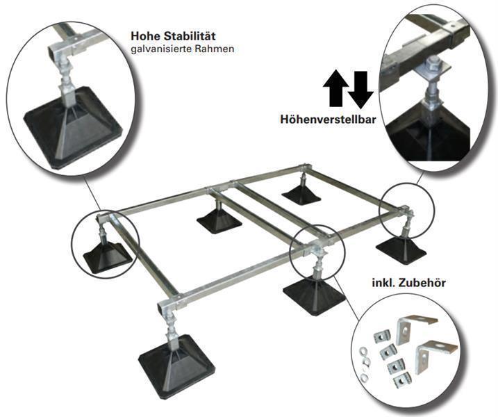 Flachdachkonsole 1000x1300 mm, Gesamtlänge 1450 - 1670 mm, Traglast 700 kg, 4 Füße