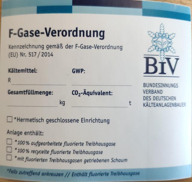 BIV F-Gase-Verordnung Aufkleber 517/2014