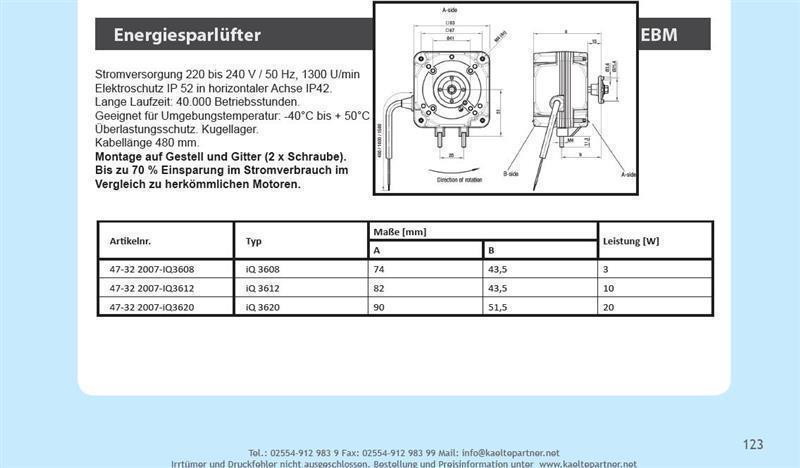 Energiesparender Lüftermotor EBM iQ 3608, 220-240V/50 Hz, 3 Watt, 1300 U/min