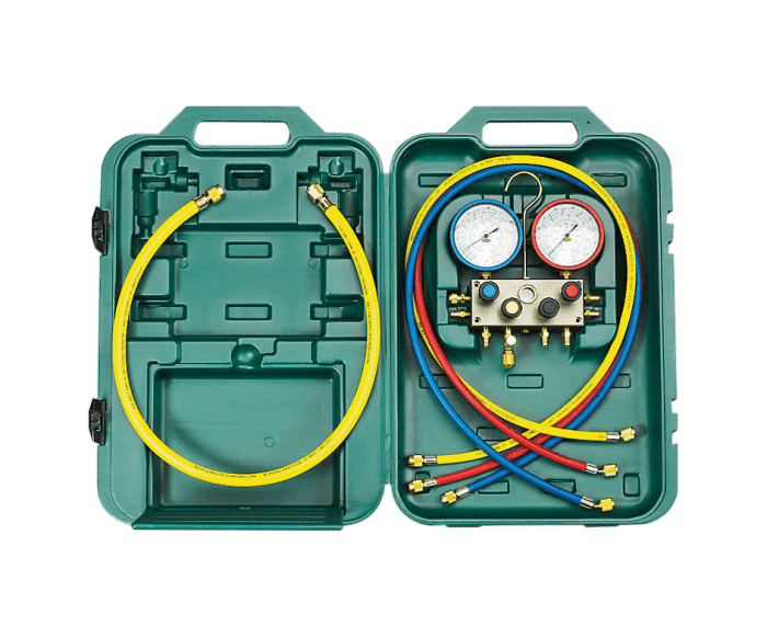 Refco 9885008 4-Weg Monteurhilfe M4-3-DELUXE-M-R134a mit ölgefüllten R5 Metallbalgmanometer