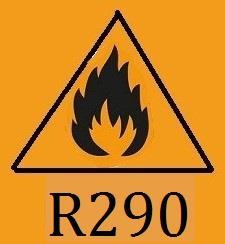 Aufkleber für Kältemittel R290, orange, mit Entzündlich-Zeichen
